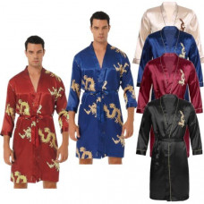 Dragon Embroidery Robes Mens Kimono Bathrobes Silk Satin Dressing Gown Nightwear