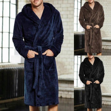 Mens Gents Dressing Gown Heavy Fleece Hooded Lounge Robe Extra Warm Bathrobe