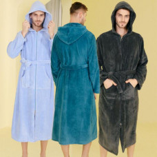 Men Coral Fleece Pajama Robe Hooded Pocket Double Zipper Sleepwear Bathrobe